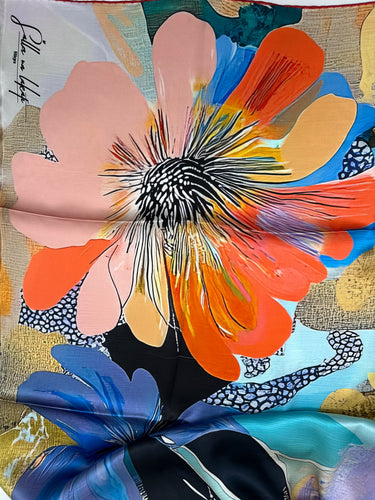 Naturaalsest siidist satiinist sall 110x110 cm "Cranes"