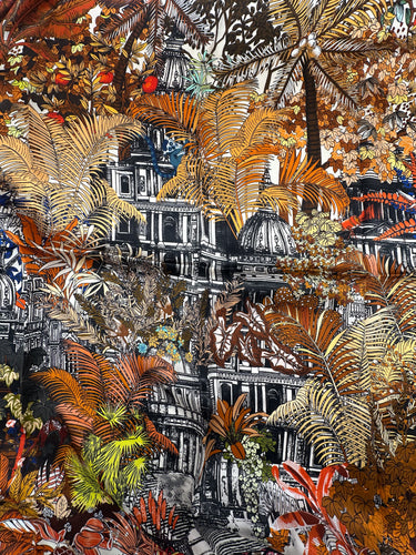 Natural silk satin scarf 90x90 cm "Temple in the Jungle III"