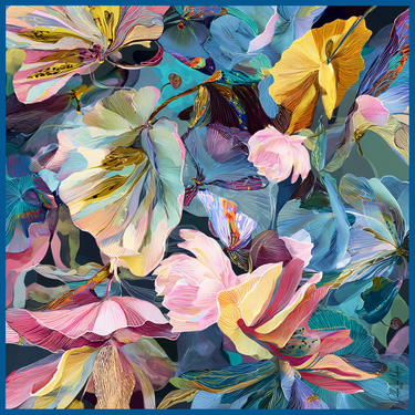 Natūralaus šilko satino šalikas 110x110 cm "Gervės"